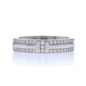 Tiffany & Co. T Narrow Pave Diamond Band -White Gold 18k Rd .45ctw Ring Sz 6 1/2
